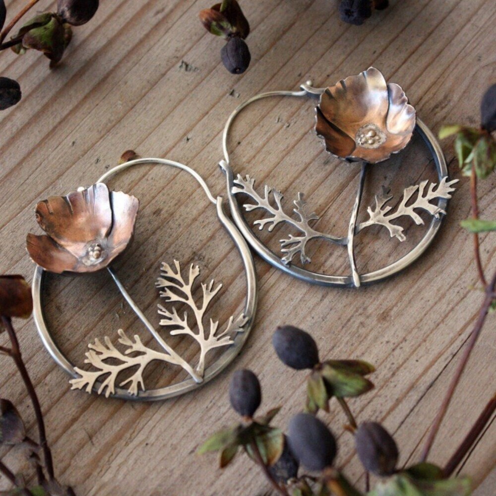 Floral Hoop Earrings Silver Tone Copper Tone Poppy Flower Leaf Branch Hinged